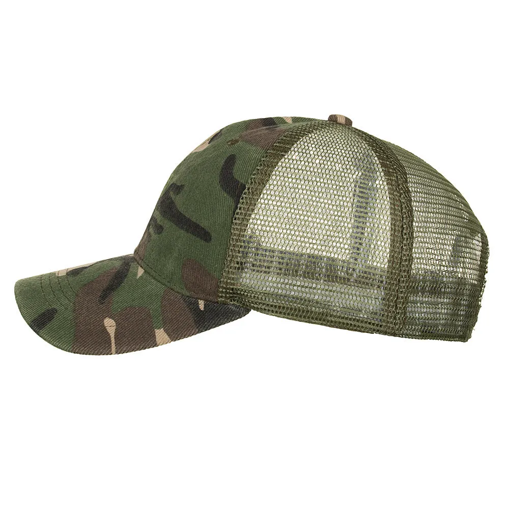 Cotton camouflage mesh baseball cap for men with lengthened brim in Army Green