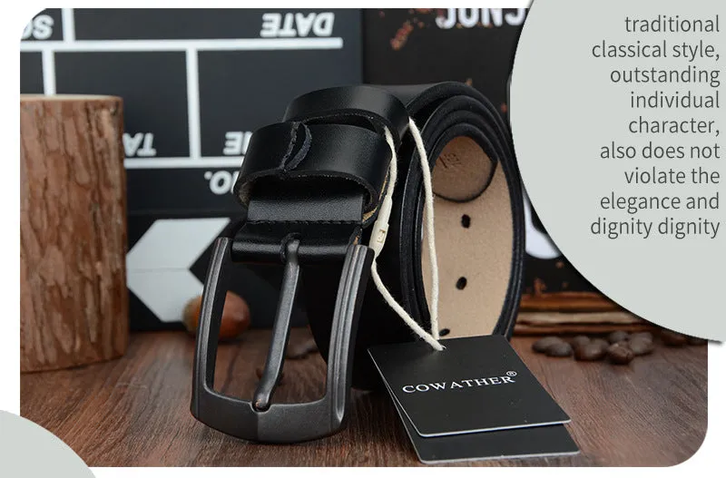 Men's two-layer cowhide leather belt with square alloy pin buckle in black finish