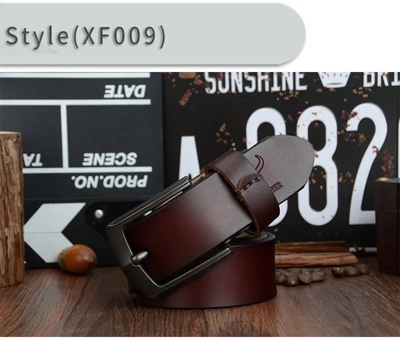Men's two-layer cowhide leather belt with square alloy pin buckle in black finish