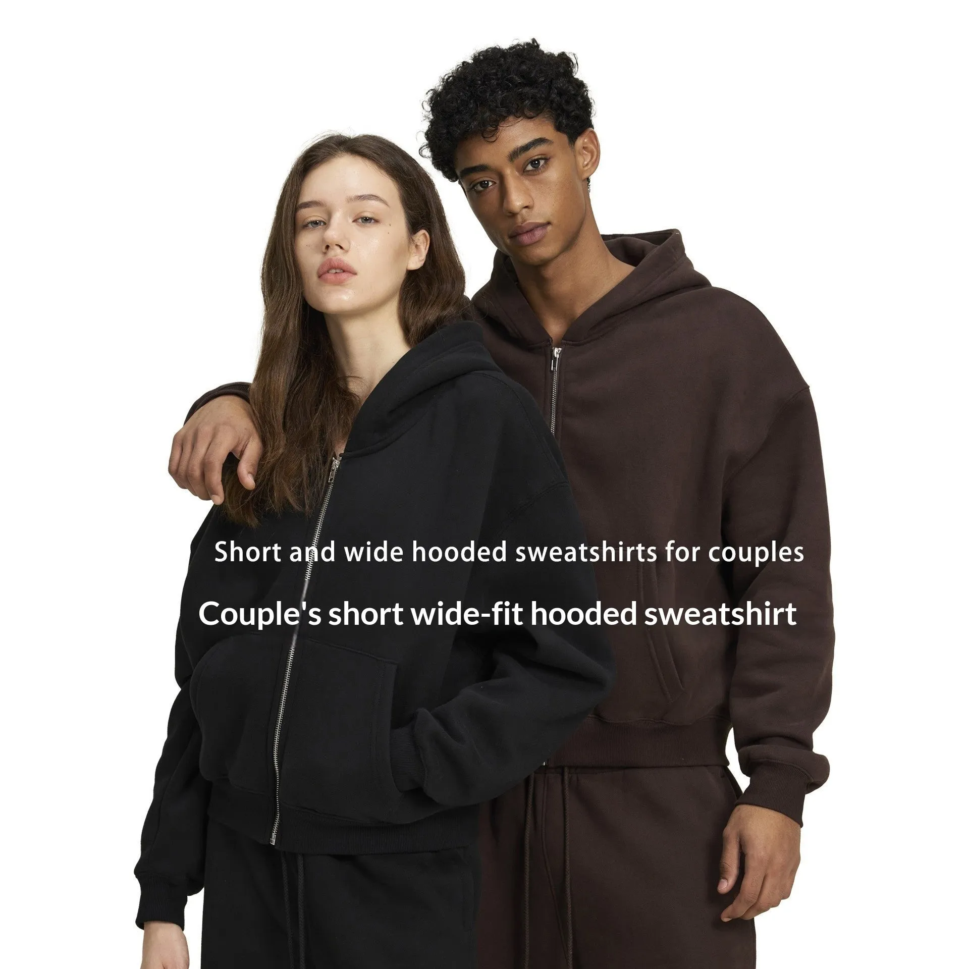Men's loose fit solid colour casual hooded sweatshirt in black with long sleeves and cardigan style front