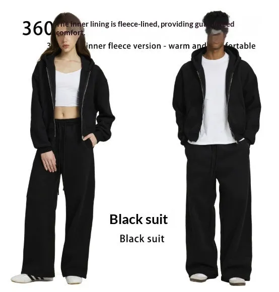 Men's loose fit solid colour casual hooded sweatshirt in black with long sleeves and cardigan style front
