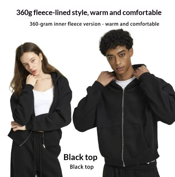 Men's loose fit solid colour casual hooded sweatshirt in black with long sleeves and cardigan style front
