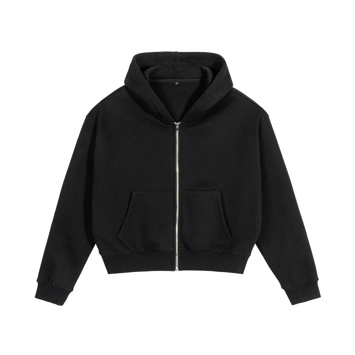 Men's loose fit solid colour casual hooded sweatshirt in black with long sleeves and cardigan style front
