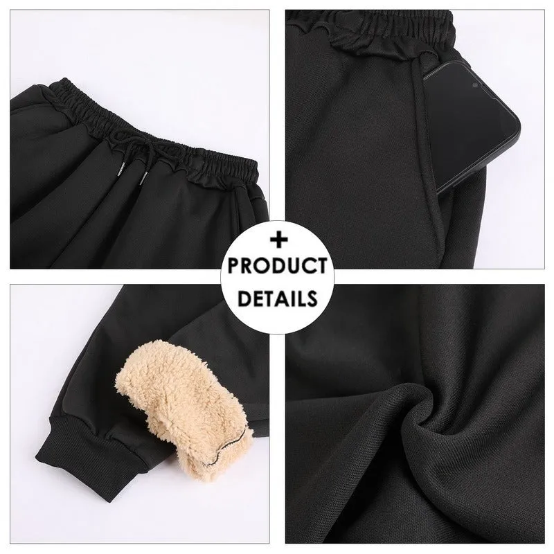 Black fleece lined straight leg trousers for men and women with drawstring waist, available in sizes M-5XL