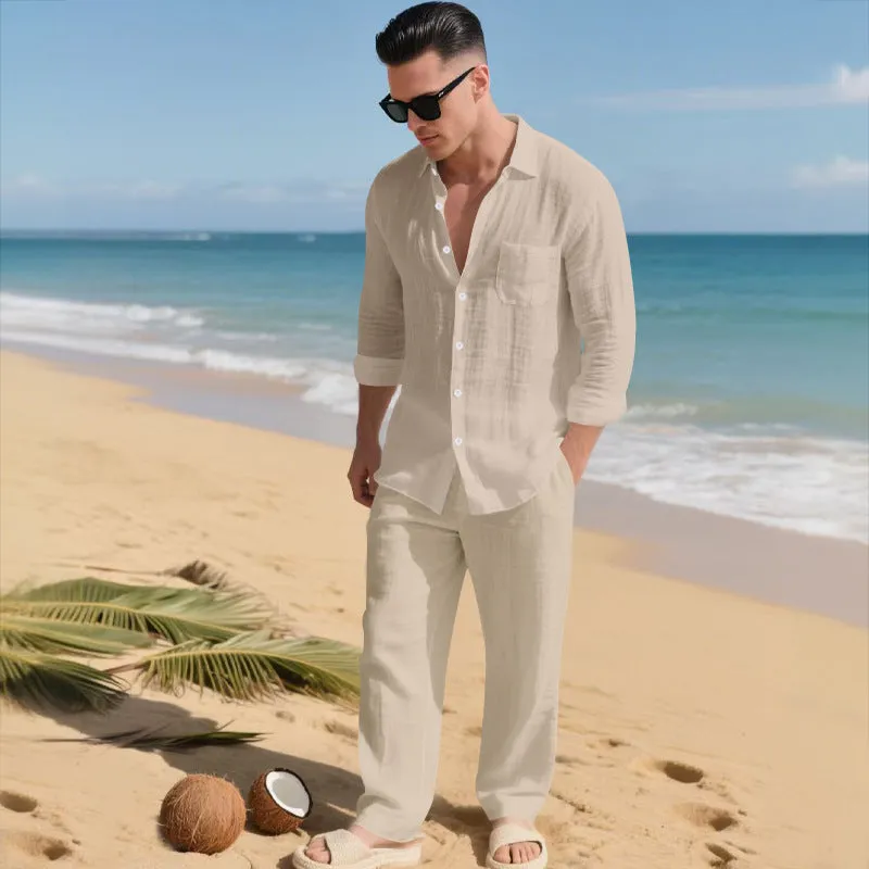 Beach Leisure linen blend casual shirt and pants set in khaki, loose collar long sleeves, autumn wear