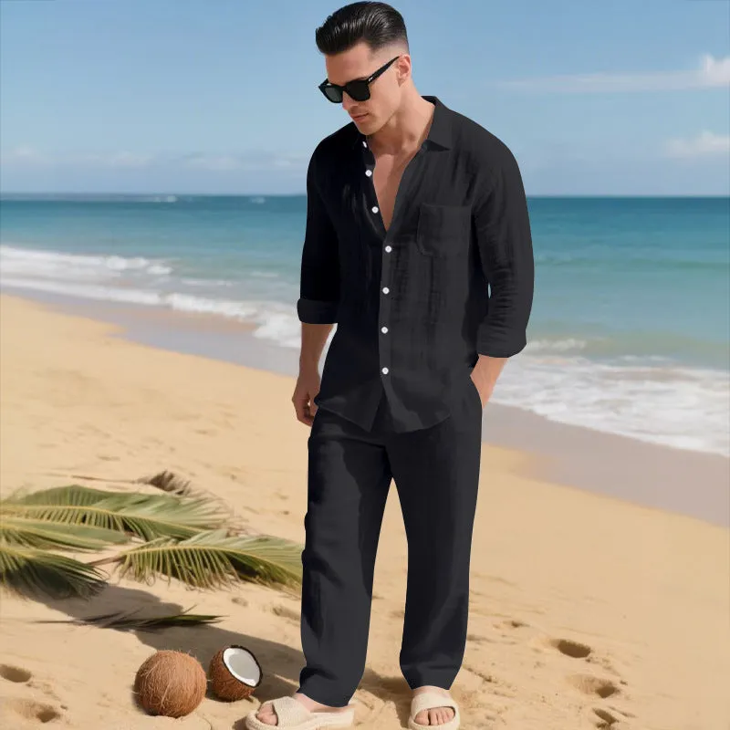 Beach Leisure linen blend casual shirt and pants set in khaki, loose collar long sleeves, autumn wear