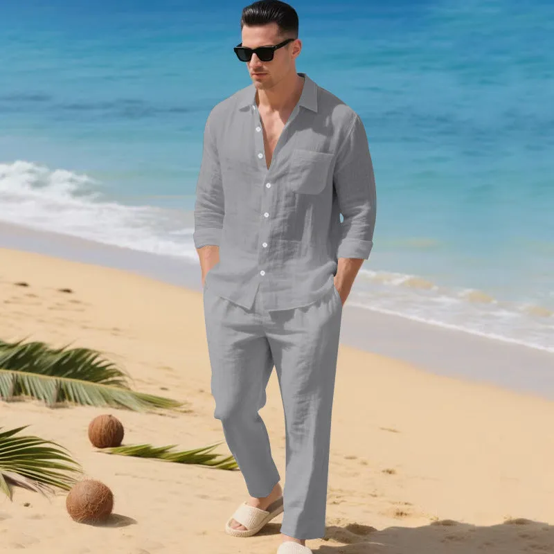 Beach Leisure linen blend casual shirt and pants set in khaki, loose collar long sleeves, autumn wear