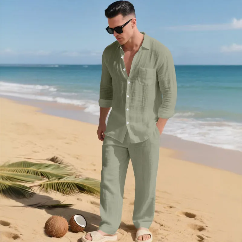 Beach Leisure linen blend casual shirt and pants set in khaki, loose collar long sleeves, autumn wear