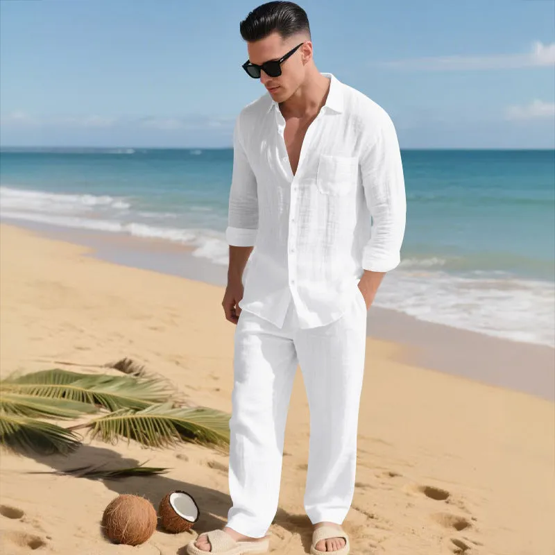 Beach Leisure linen blend casual shirt and pants set in khaki, loose collar long sleeves, autumn wear