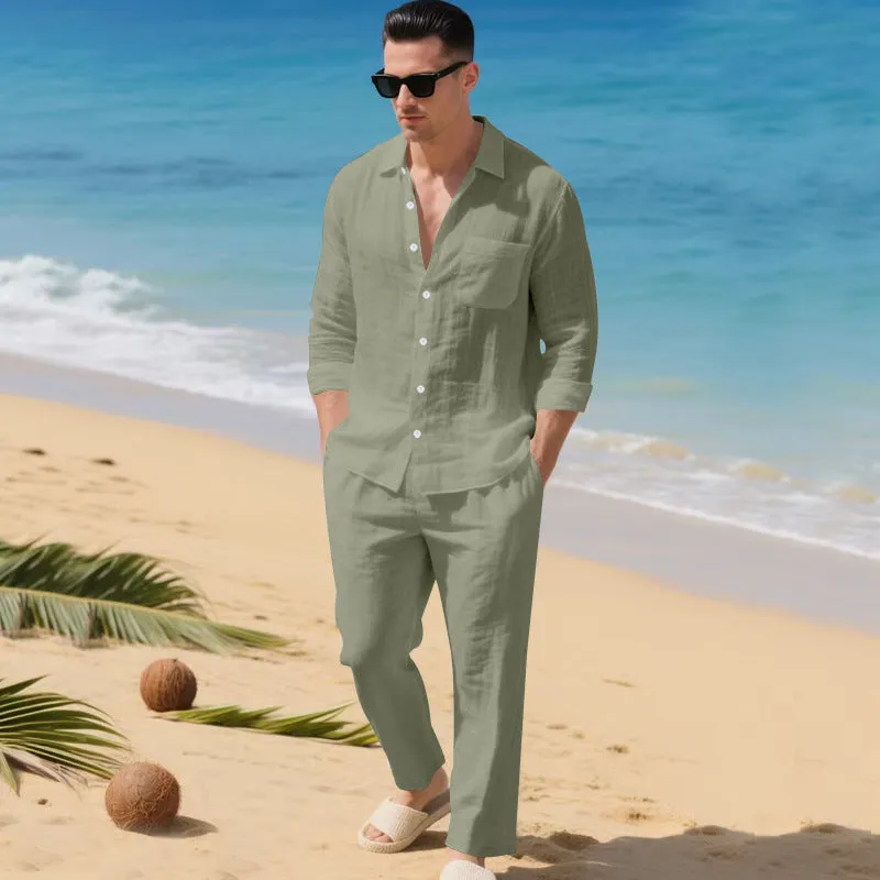 Beach Leisure linen blend casual shirt and pants set in khaki, loose collar long sleeves, autumn wear