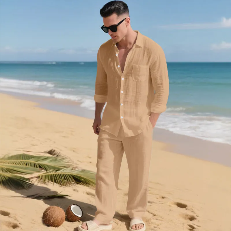 Beach Leisure linen blend casual shirt and pants set in khaki, loose collar long sleeves, autumn wear