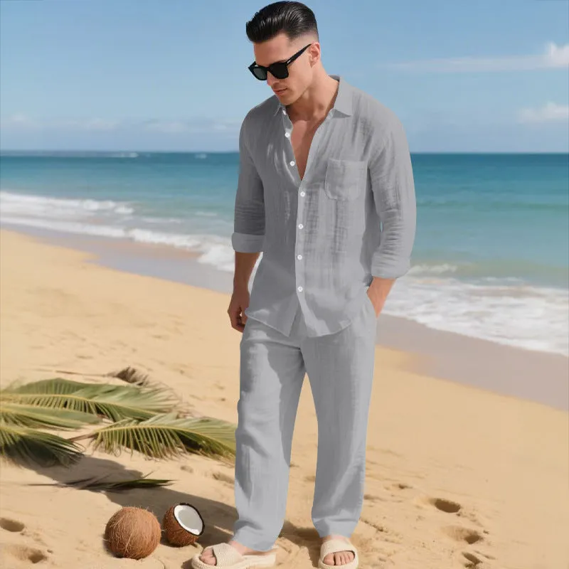 Beach Leisure linen blend casual shirt and pants set in khaki, loose collar long sleeves, autumn wear