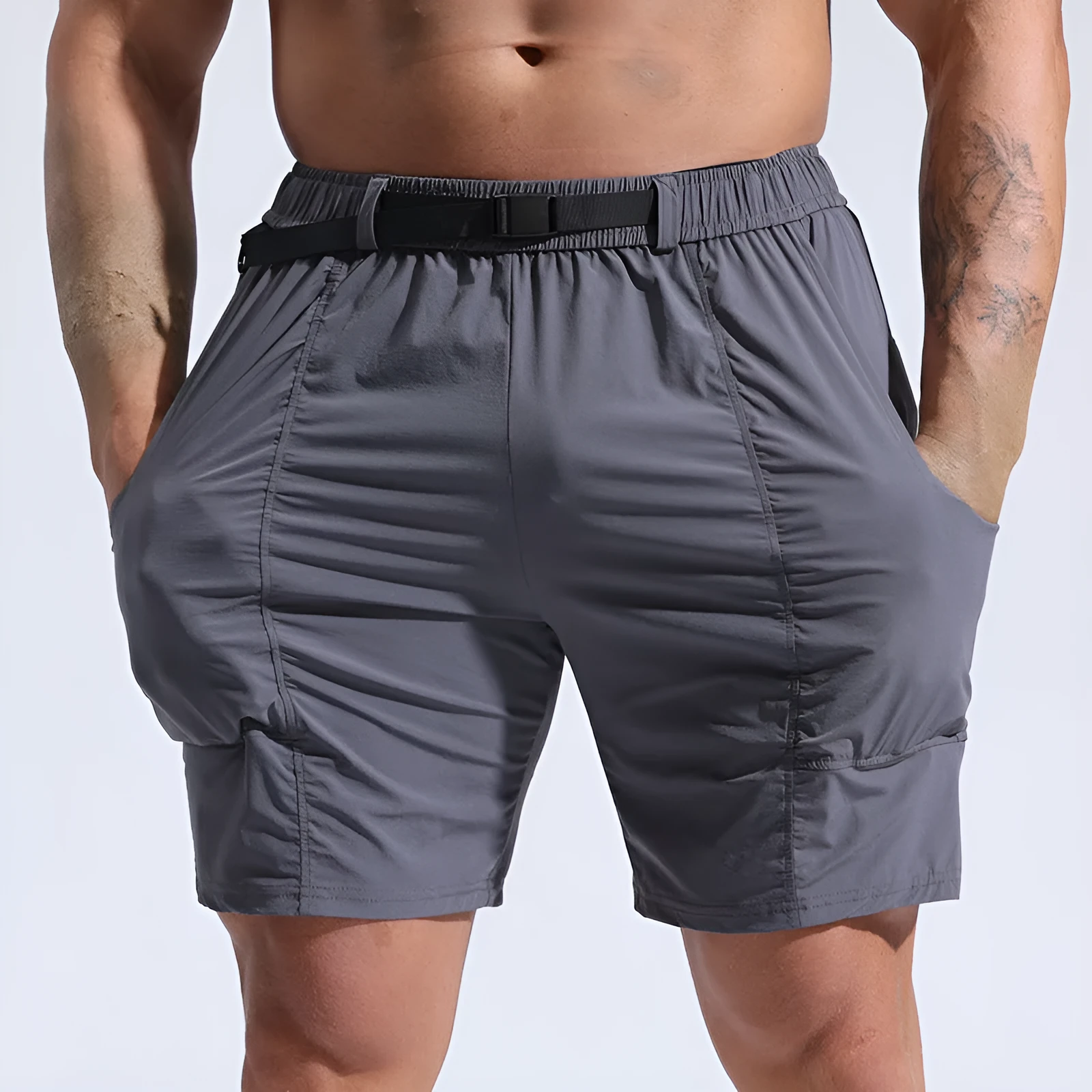 Men's athletic cargo shorts with pockets and elastic waistband in black color, mid-length cut