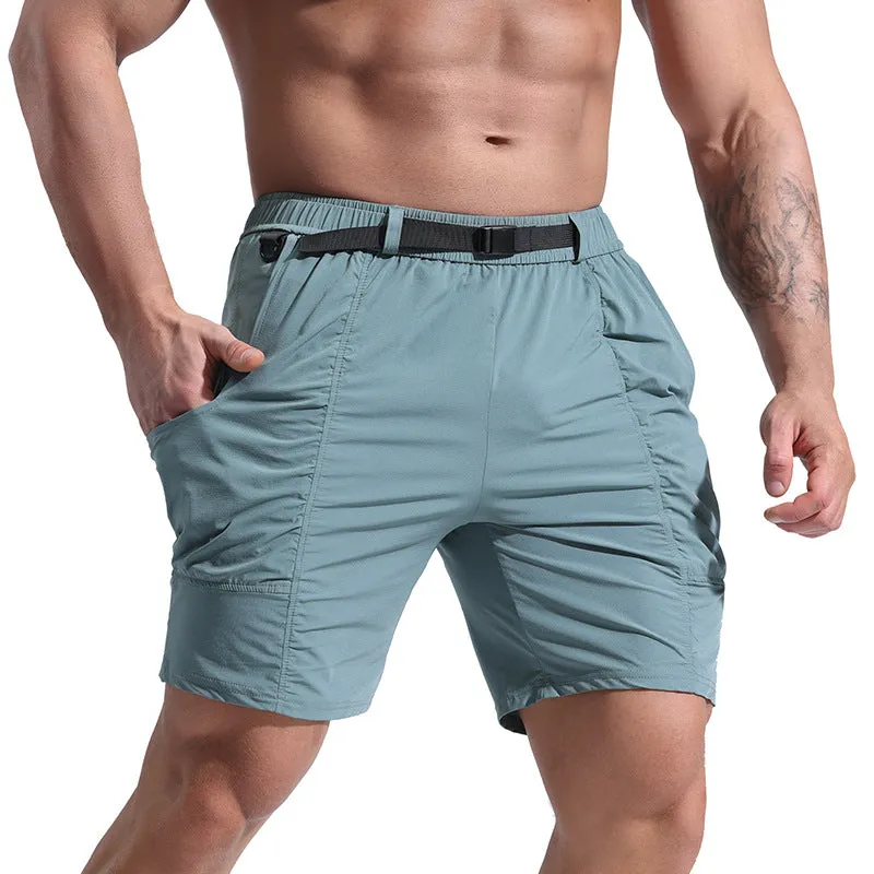 Men's athletic cargo shorts with pockets and elastic waistband in black color, mid-length cut