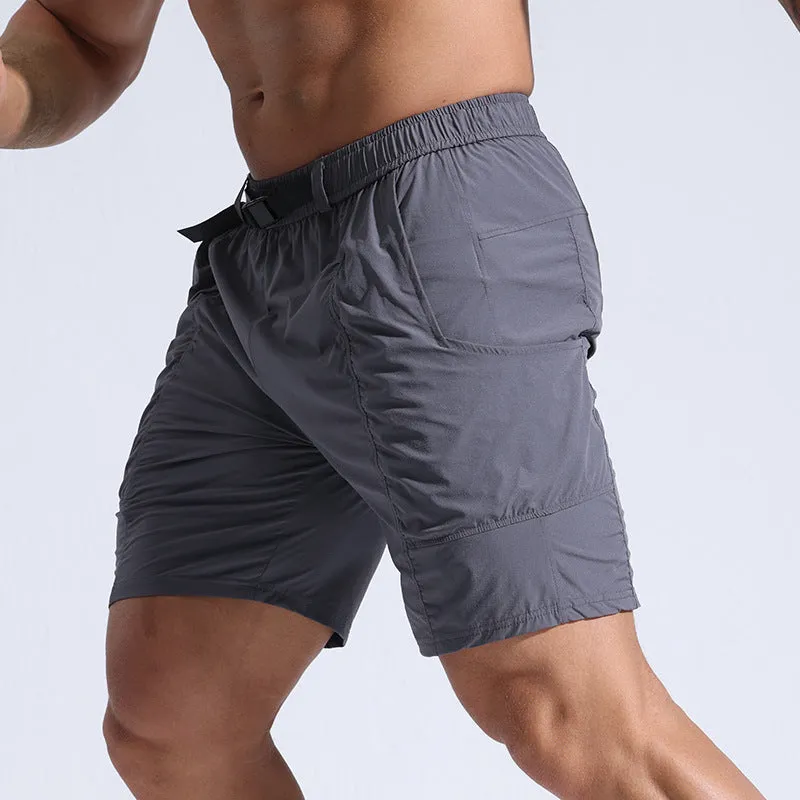 Men's athletic cargo shorts with pockets and elastic waistband in black color, mid-length cut