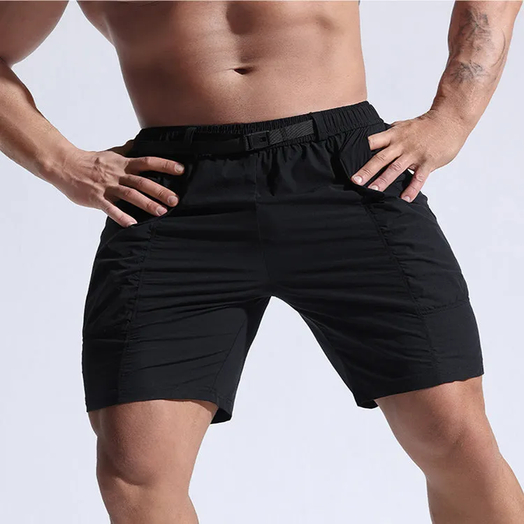 Men's athletic cargo shorts with pockets and elastic waistband in black color, mid-length cut