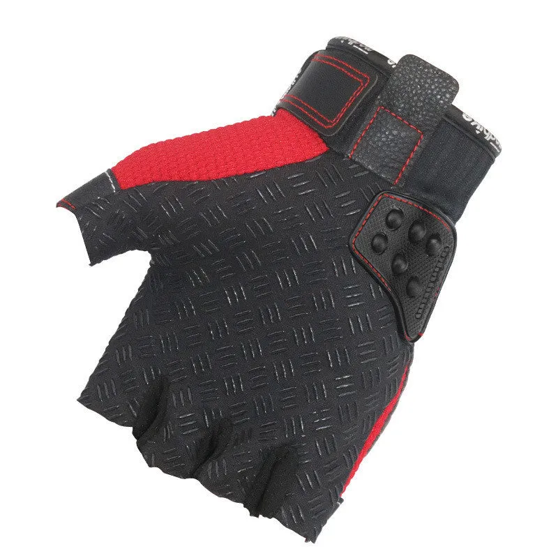 Madbike half finger motorcycle gloves for men in black, blue, and red on a neutral background showing the open-finger design.