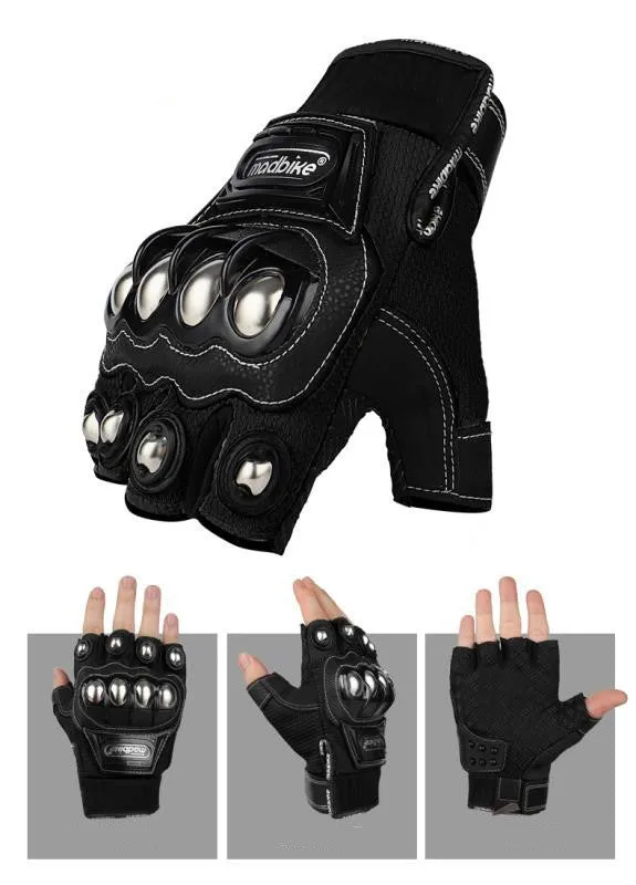Madbike half finger motorcycle gloves for men in black, blue, and red on a neutral background showing the open-finger design.