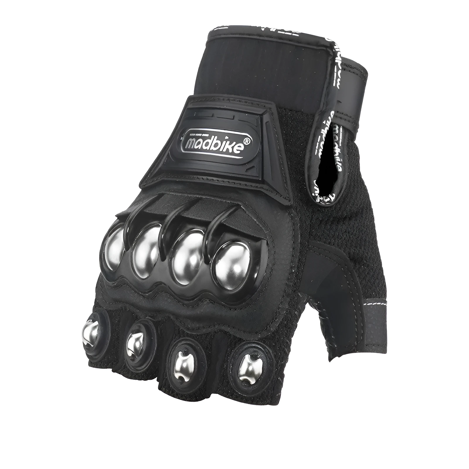 Madbike half finger motorcycle gloves for men in black, blue, and red on a neutral background showing the open-finger design.