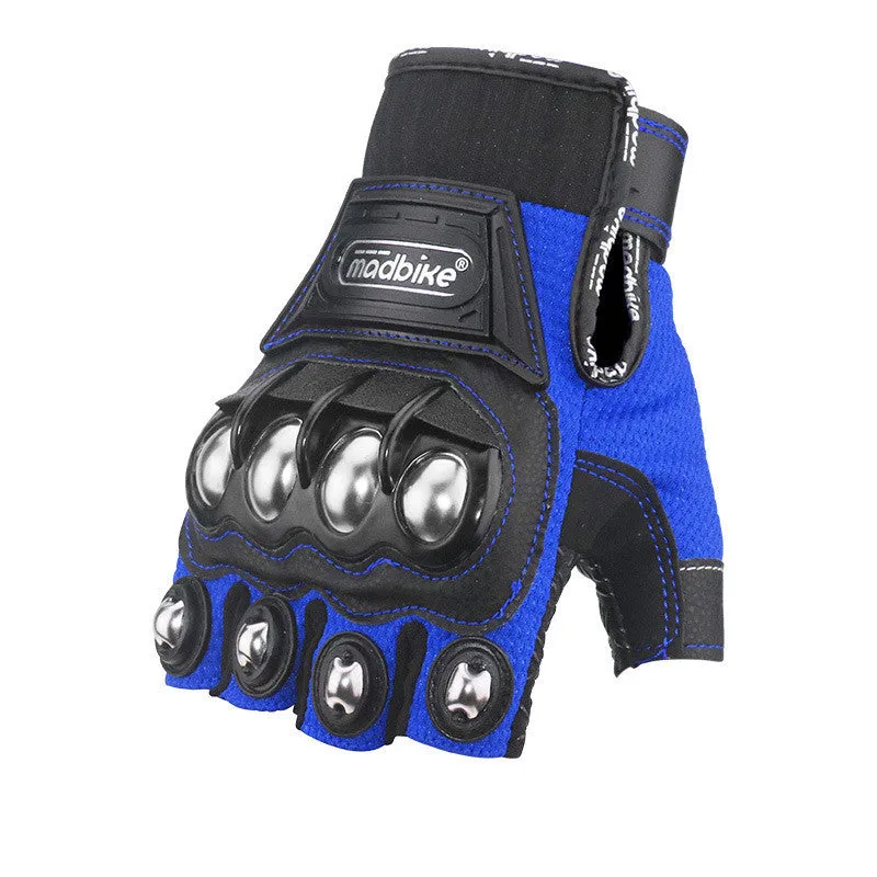 Madbike half finger motorcycle gloves for men in black, blue, and red on a neutral background showing the open-finger design.