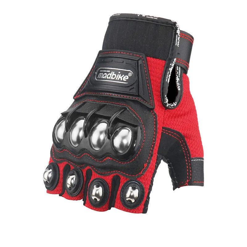 Madbike half finger motorcycle gloves for men in black, blue, and red on a neutral background showing the open-finger design.