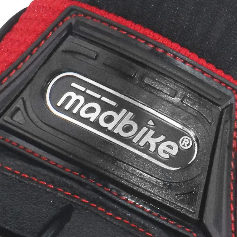 Madbike half finger motorcycle gloves for men in black, blue, and red on a neutral background showing the open-finger design.