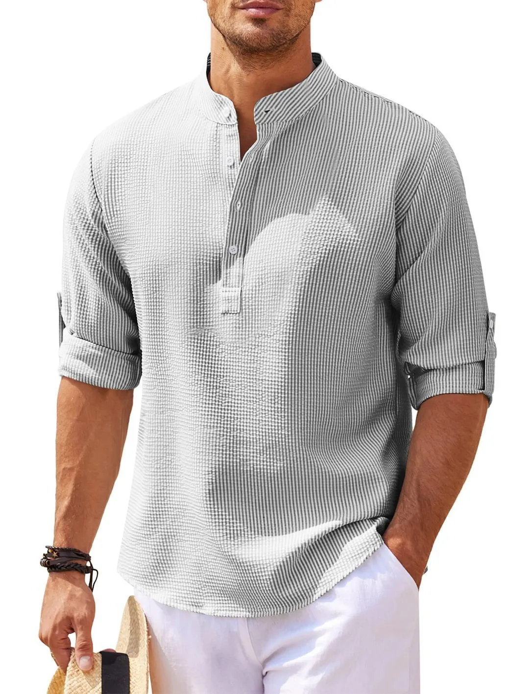 Men's stand collar button shirt with pineapple texture, loose fit polyester top in summer colours