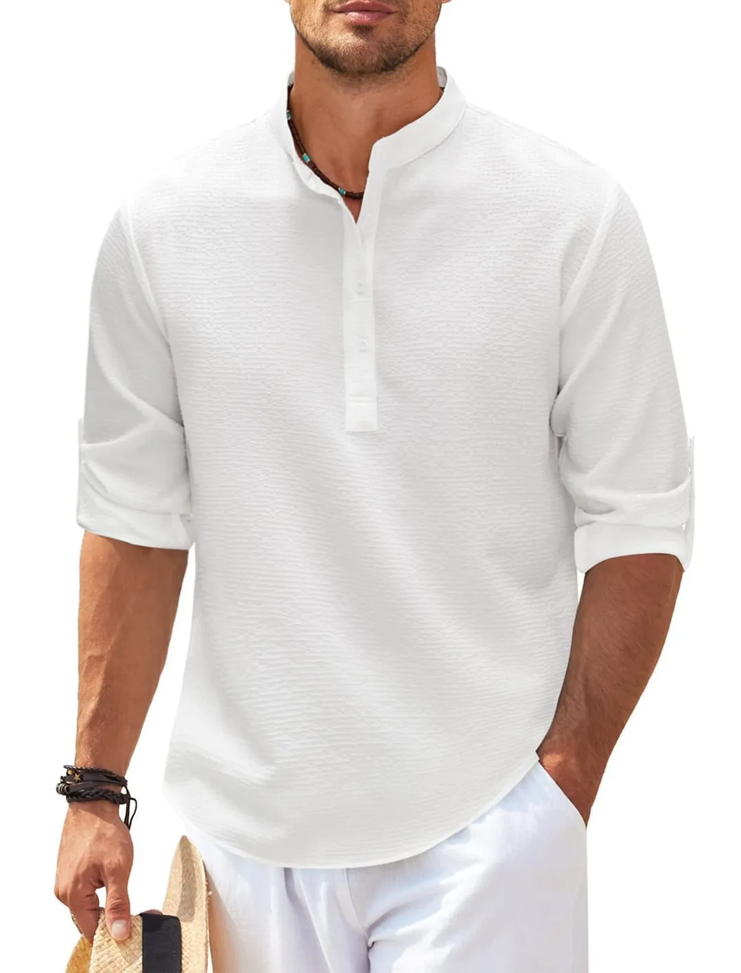 Men's stand collar button shirt with pineapple texture, loose fit polyester top in summer colours