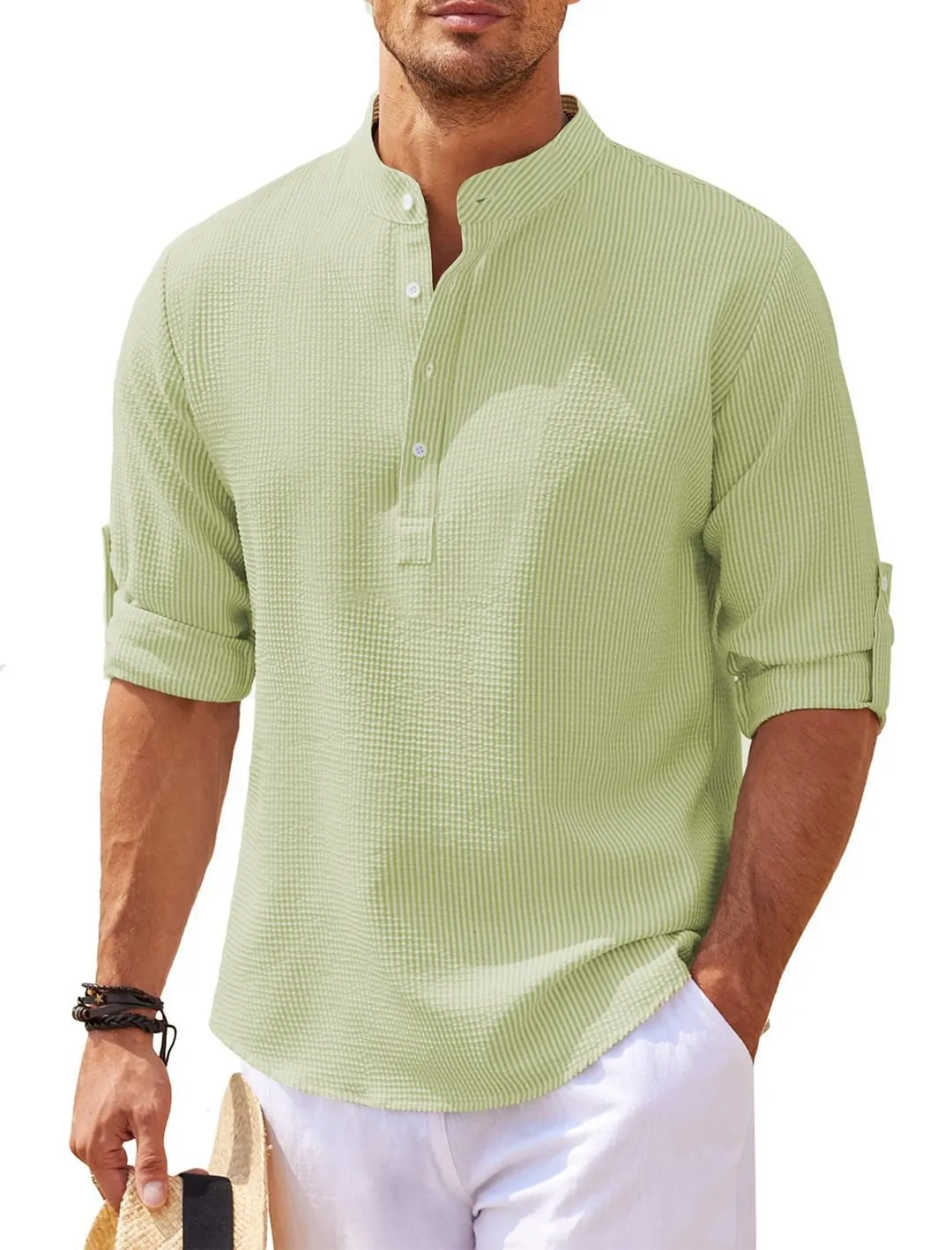 Men's stand collar button shirt with pineapple texture, loose fit polyester top in summer colours