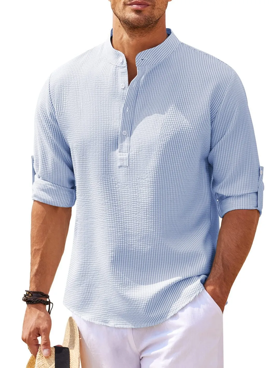 Men's stand collar button shirt with pineapple texture, loose fit polyester top in summer colours