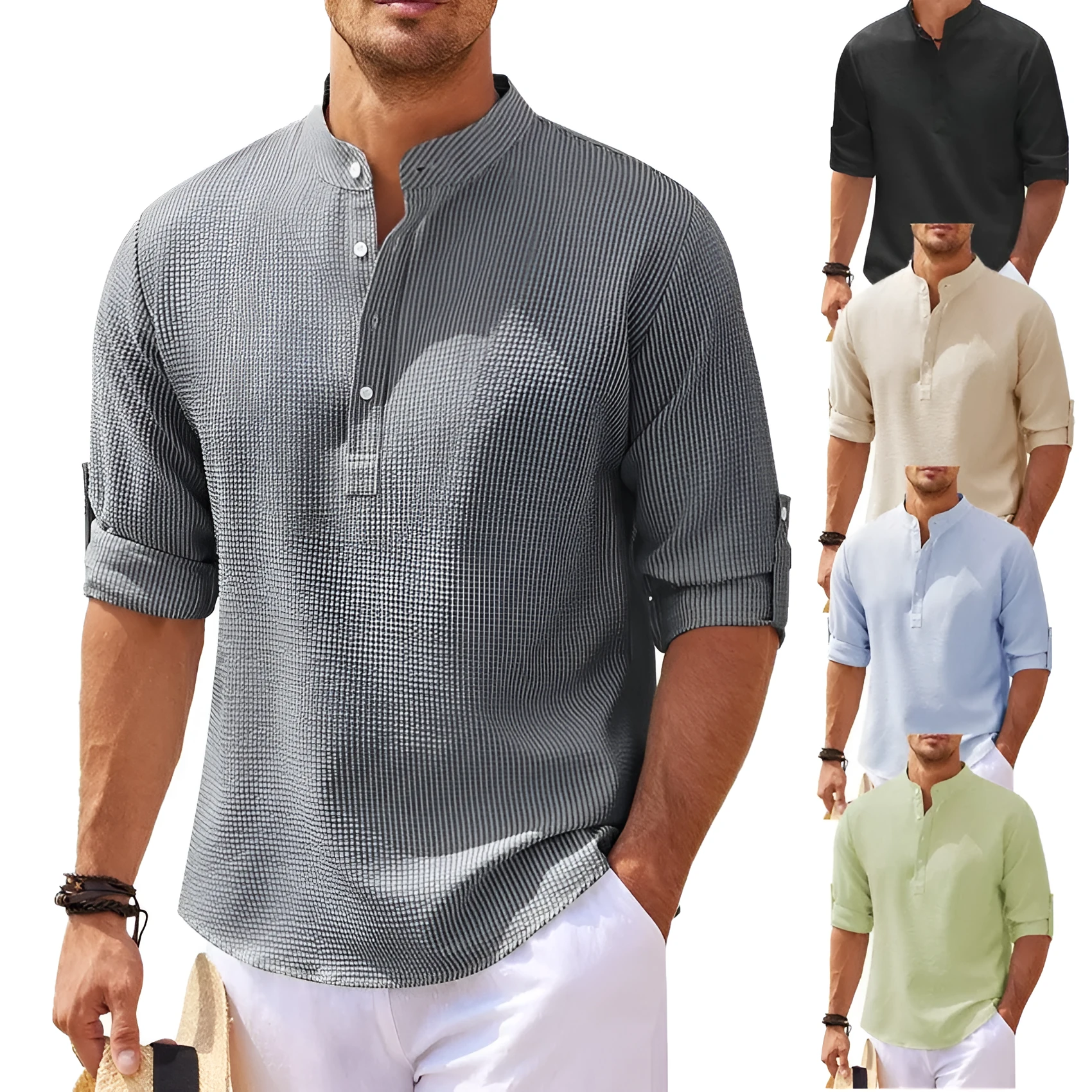 Men's stand collar button shirt with pineapple texture, loose fit polyester top in summer colours