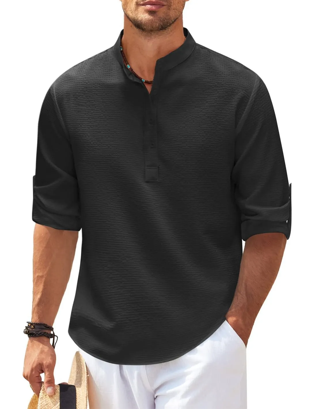 Men's stand collar button shirt with pineapple texture, loose fit polyester top in summer colours