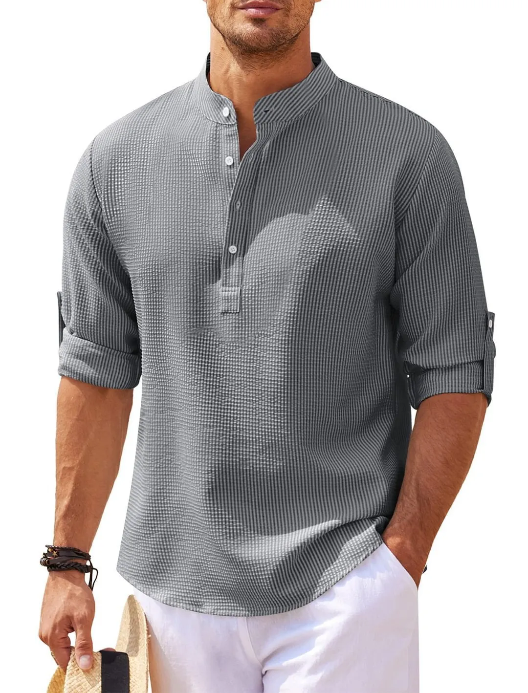 Men's stand collar button shirt with pineapple texture, loose fit polyester top in summer colours
