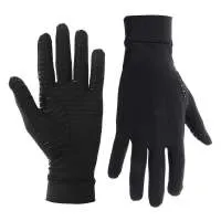 Black copper fibre compression gloves for arthritis, full finger style, showing stretch fabric and textured palm