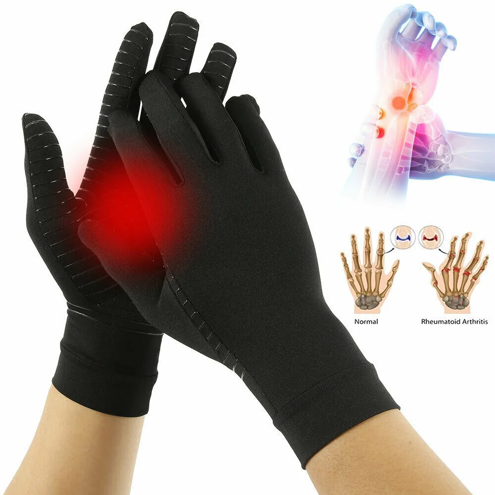 Black copper fibre compression gloves for arthritis, full finger style, showing stretch fabric and textured palm