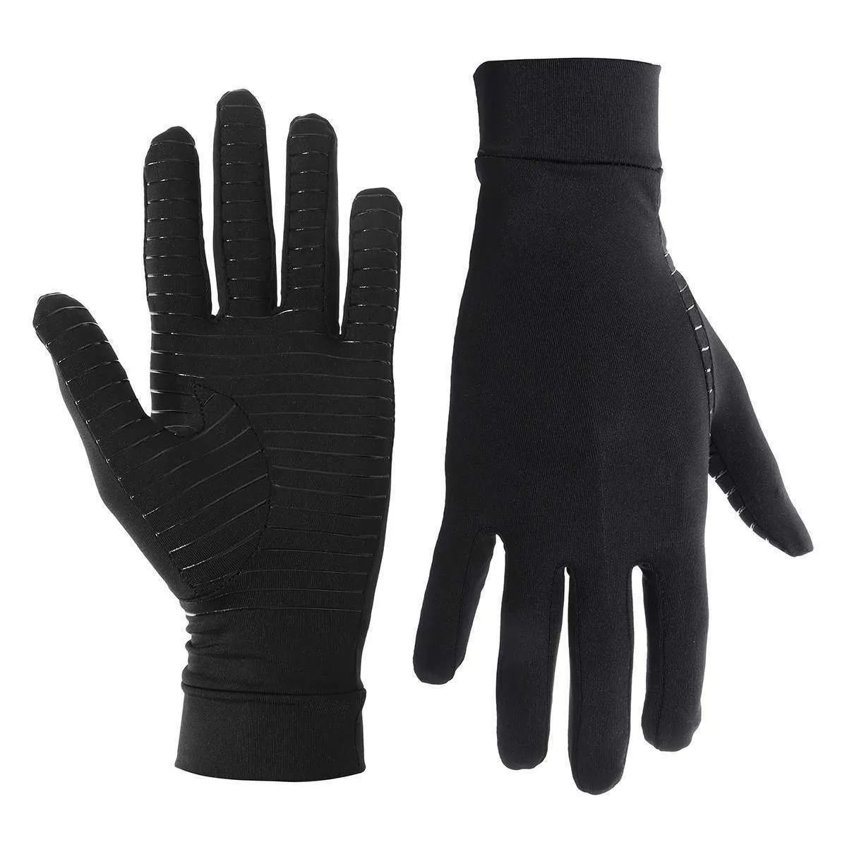 Black copper fibre compression gloves for arthritis, full finger style, showing stretch fabric and textured palm
