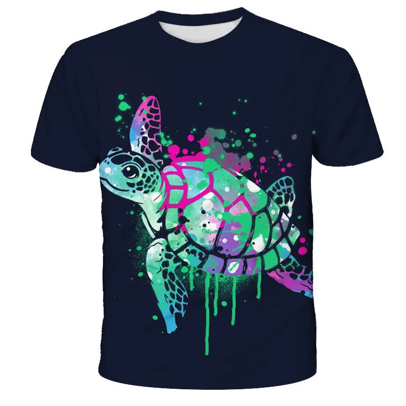 Men's black slim fit 3D turtle printed short sleeve t-shirt round neck