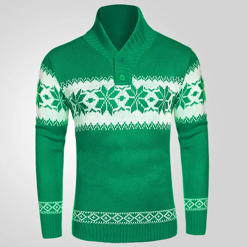 Men's green long sleeve thick jacquard knitted pullover sweater on model