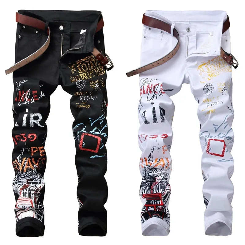 Men's 3D colour printed cotton jeans in black with mid waist and zip placket
