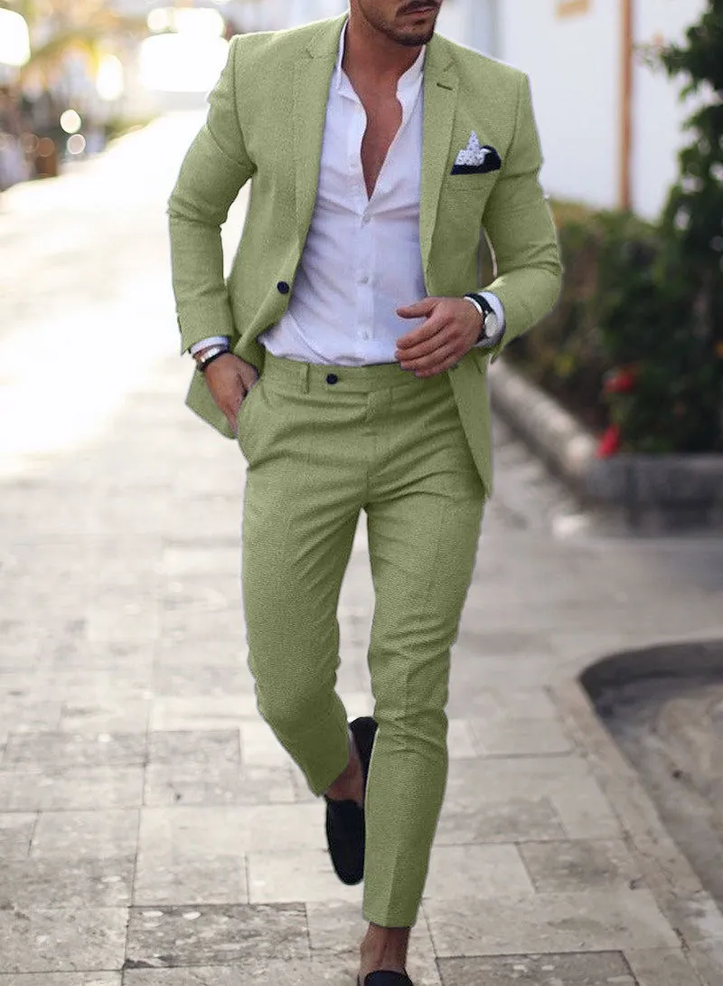 Men's plus size slim fit linen blend two-piece suit set in khaki with jacket and trousers on a hanger