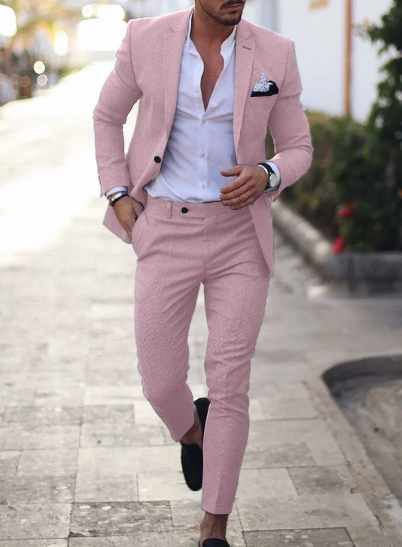 Men's plus size slim fit linen blend two-piece suit set in khaki with jacket and trousers on a hanger