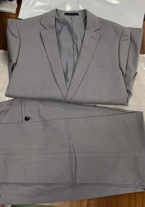 Men's plus size slim fit linen blend two-piece suit set in khaki with jacket and trousers on a hanger