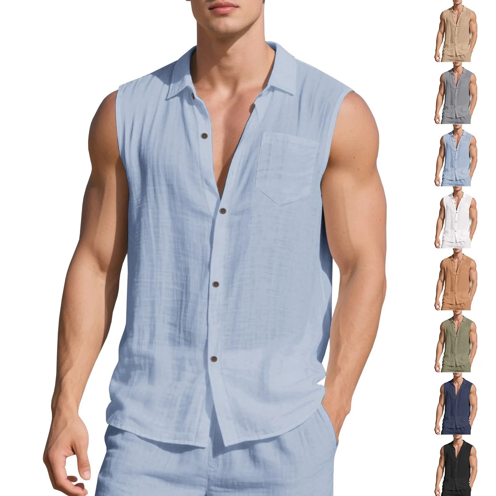 Men's solid colour linen cardigan vest with a polo collar, shown in a loose fit.