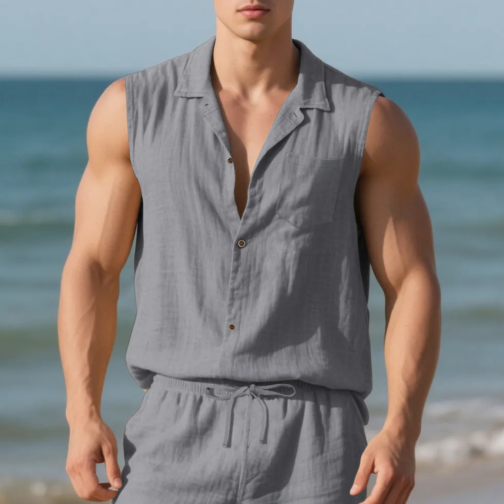 Men's solid colour linen cardigan vest with a polo collar, shown in a loose fit.