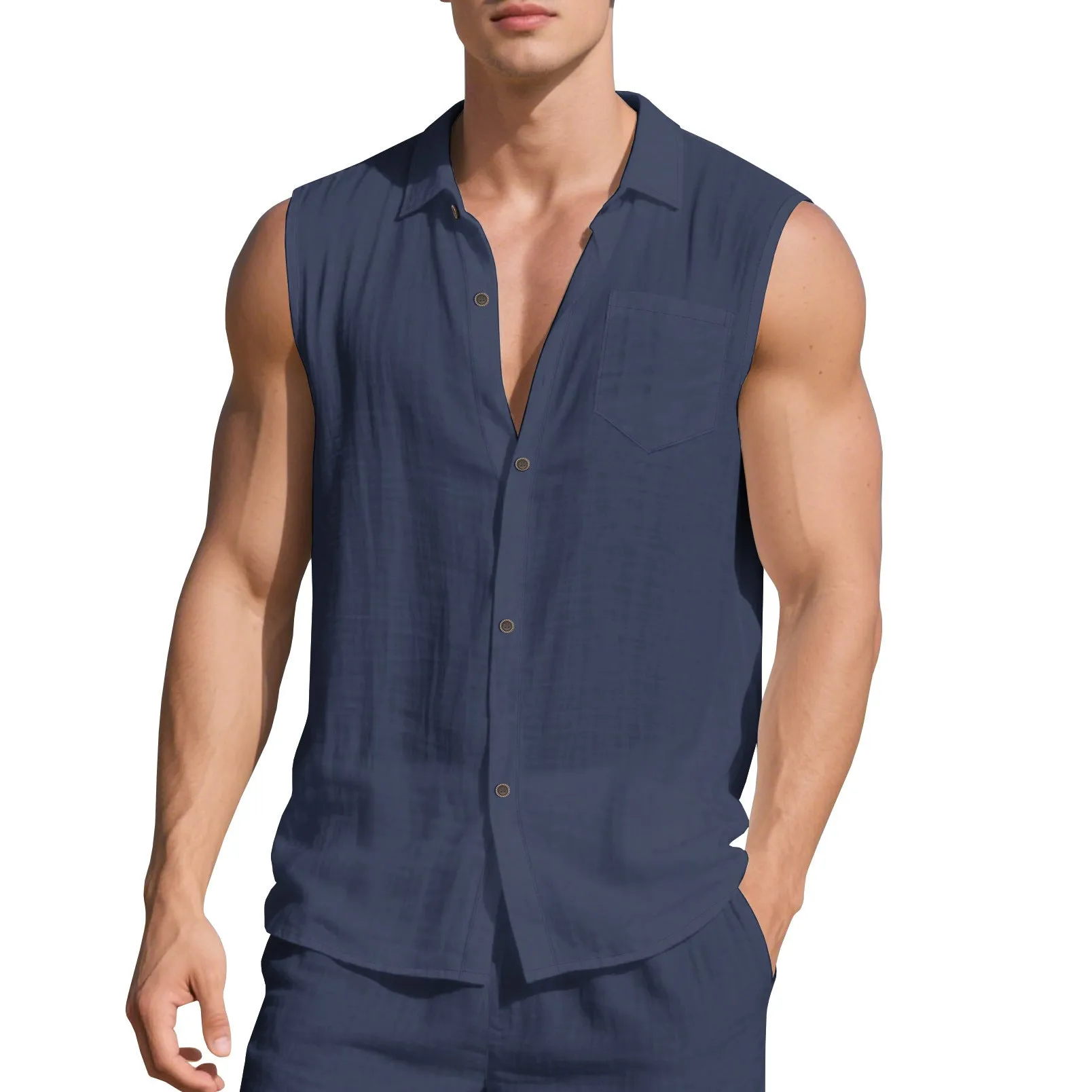 Men's solid colour linen cardigan vest with a polo collar, shown in a loose fit.