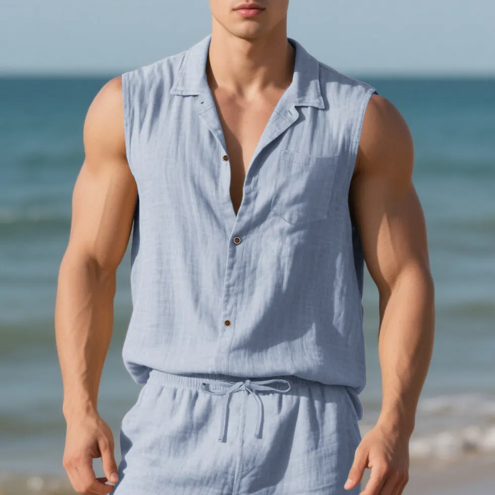Men's solid colour linen cardigan vest with a polo collar, shown in a loose fit.
