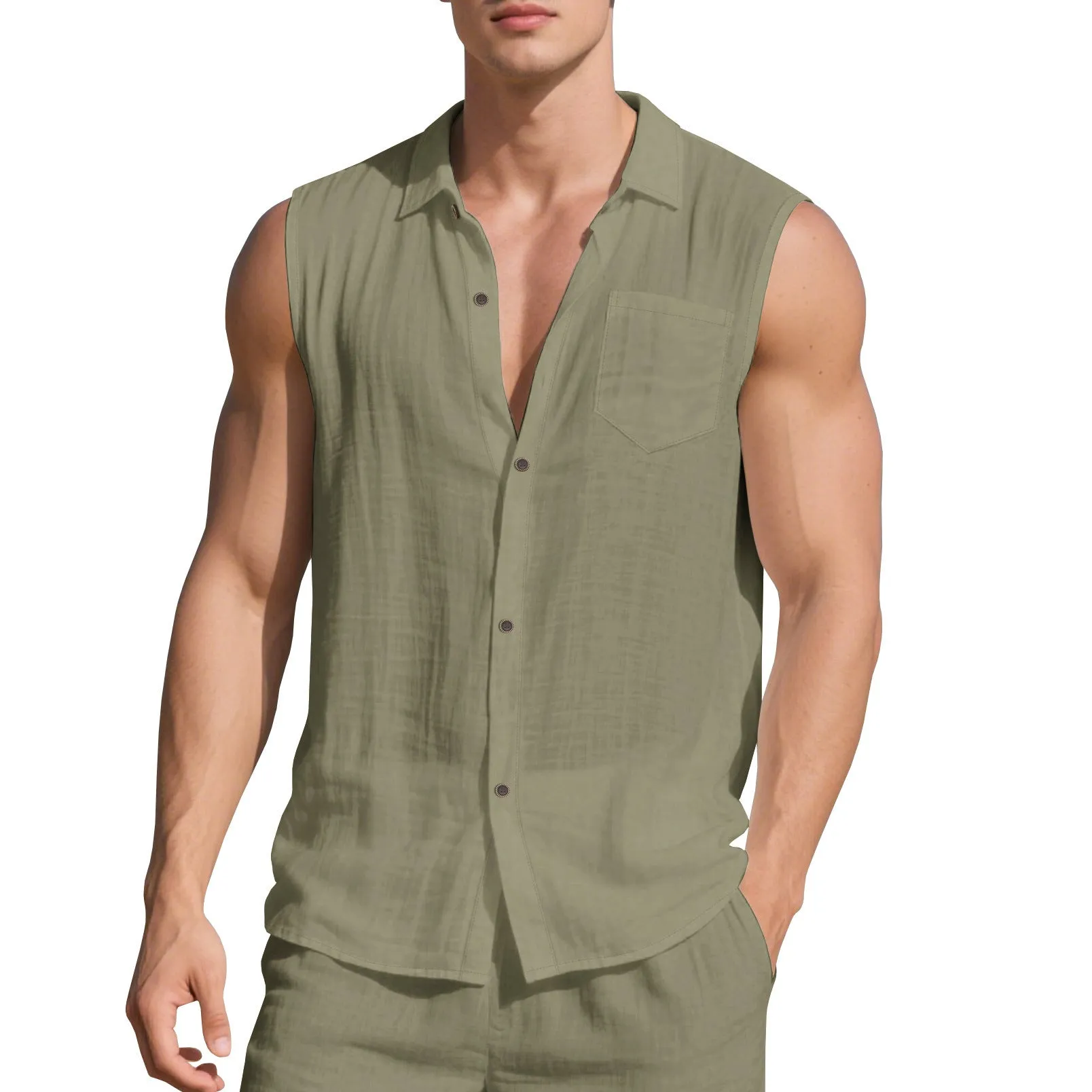 Men's solid colour linen cardigan vest with a polo collar, shown in a loose fit.