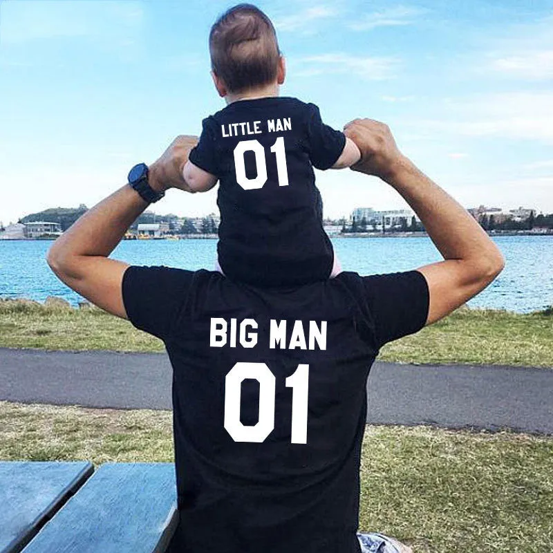 Family matching solid colour letter print T-shirt for father and son, available in black, grey, red, white, sized from child 80cm to adult XXXXL