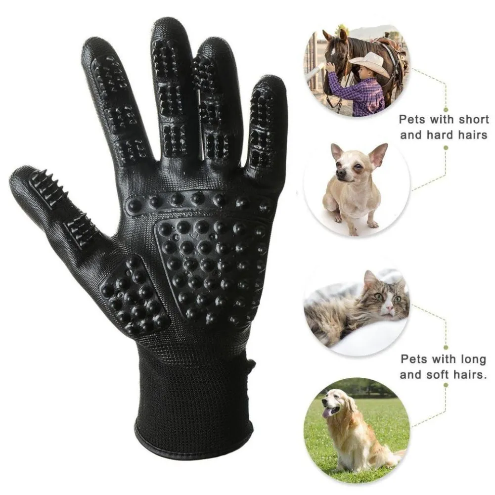 Pet hair grooming glove in black rubber with adjustable wrist strap on a light background
