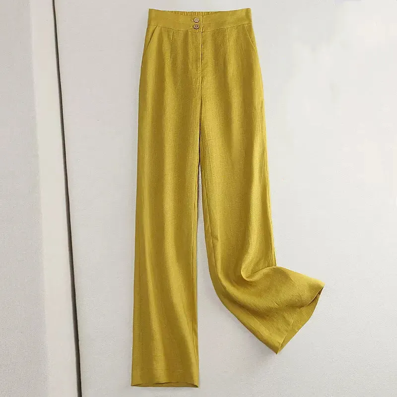 Linen wide-leg women's high waist cotton and spandex casual pants in Earth Gold colour, size M to 2XL